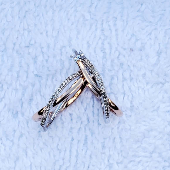 10K Rose Gold and Sterling Silver Pave Diamond Crossover Hoops - Picture 2 of 16